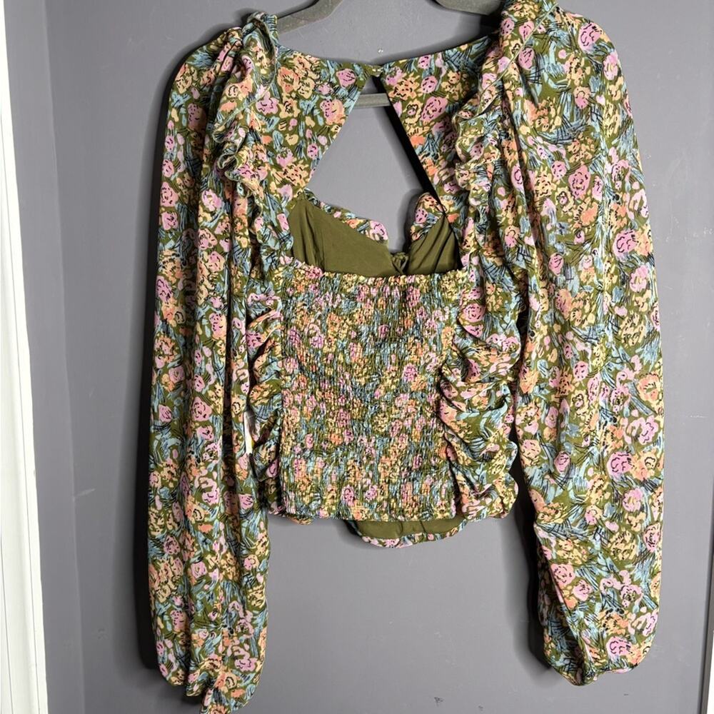 Free People Green Pink Floral Long Sleeve Cinched Blouse Back Cutout S - Picture 6 of 7
